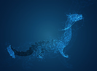 vector long dragon snake on a deep dark blue background in the style of triangular polygons and glowing crystals