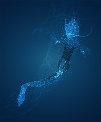 Fototapeta premium vector long dragon snake on a deep dark blue background in the style of triangular polygons and glowing crystals