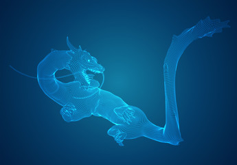 vector long dragon snake on a deep dark blue background in square 3D polygon style