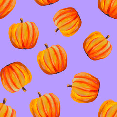 Juicy orange pumpkin seamless pattern. Gouache hand illustration. Design for wallpaper, kitchen, fabric, textile, packaging, backgrounds, sites.