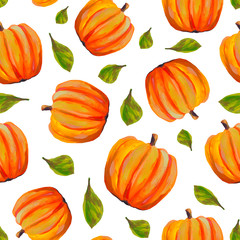 Juicy orange pumpkin seamless pattern. Gouache hand illustration. Design for wallpaper, kitchen, fabric, textile, packaging, backgrounds, sites.
