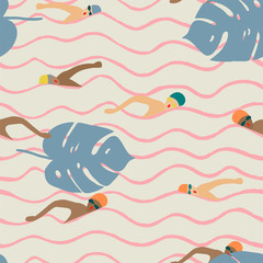 Naadloze lichtpatroon en zwemmers op een achtergrond van roze golven en tropische bladeren.