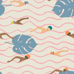 Behang Naadloze lichtpatroon en zwemmers op een achtergrond van roze golven en tropische bladeren. © taisiyakozorez