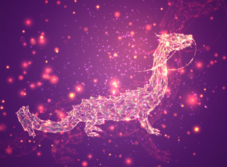 vector long dragon snake on a pink background in the style of triangular crystals with a glow