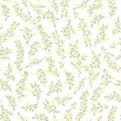 Seamless pattern of tree branches with small green leaves intertwined in an ornament on a dark background. Bright, juicy summer background.