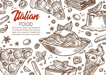 Italian food banner template with traditional dishes hand drawn sketches