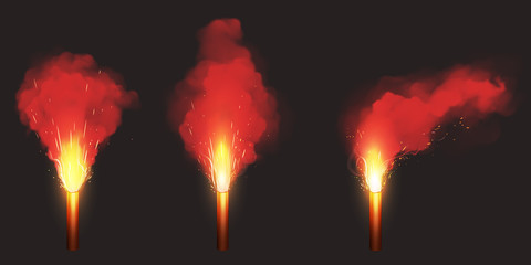 Burn red flare, signal light for emergency on road or sea. Vector realistic set of glowing torch with sparks and color smoke isolated on black background. Ignition pyrotechnics on football stadium