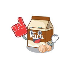 A picture of hazelnut milk mascot cartoon design holding a Foam finger