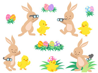 イースターエッグを探すウサギとヒヨコのイラストセット © Nora Hachio