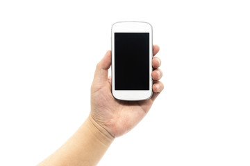 hand holding smart phone isolated on white