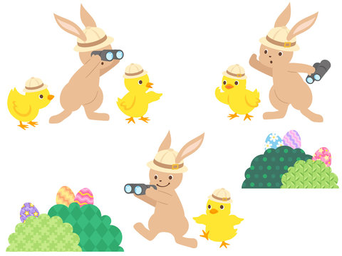 イースターエッグハントをするウサギとヒヨコのイラストセット 探検隊 Stock Vector Adobe Stock
