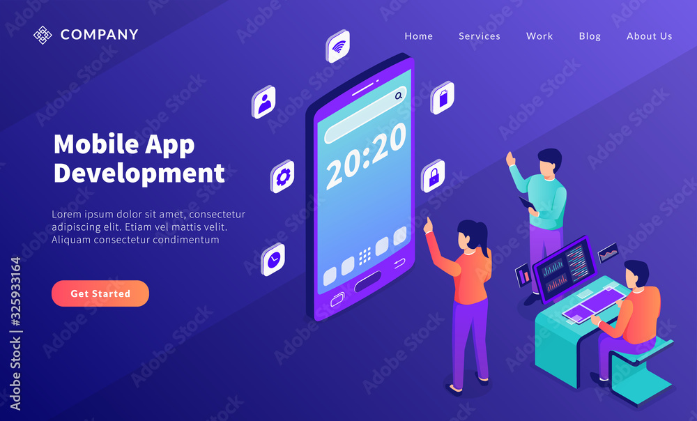 Wall mural mobile app development with team developer and big smartphone icon for website template or landing h