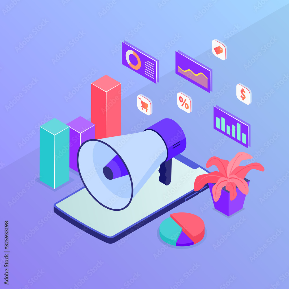 Wall mural business marketing promotion with megaphone speaker and graph chart with isometric modern style