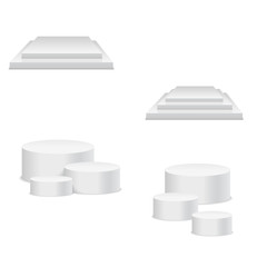 White podium. Round and square 3d empty podium with steps. Vector