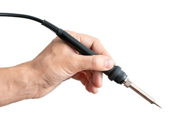 Soldering iron in man's hand isolated on white background. Hands Holding electronic equipment