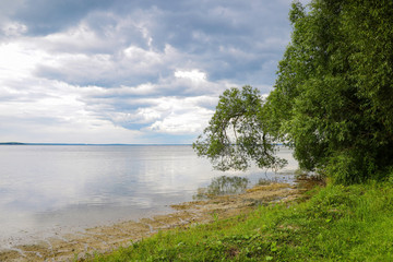Fototapeta na wymiar Shore of a large lake or sea on a cloudy day.