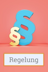 Regelung. Begriff auf Schild. Präsentation von Paragrafen auf Podest in Museum. Symbol für Recht, Gesetz, Urteil. Rosa Hintergrund