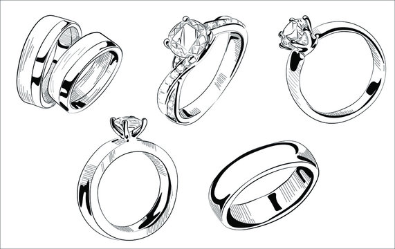 Vector Hand Drawn Illustration Of Jewelry Wedding And Engagement Rings Set In Vintage Engraved Style. Isolated On White Background.