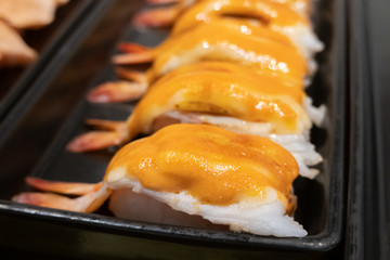 Sushi, Japanese food on wooden dish