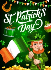 Irishman with flag of Ireland vector design of St Patricks Day holiday. Green clover leaves or shamrock, leprechaun hat, gold and lucky horseshoe, spring festival drum, bunting garland and cake