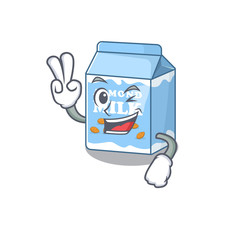mascot of funny almond milk cartoon Character with two fingers