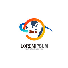 Globe logo and rocket icon template,  earth icon with rocket design 