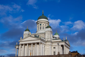 Fototapeta na wymiar Beautiful St. Nicholas Cathedral on the Senate square (Senaatintori) in Helsinki, Finland 