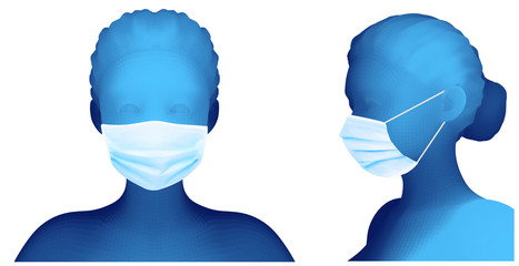 set of female 3d portrait in medical mask white background