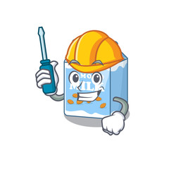 cartoon character style almond milk working as an automotive