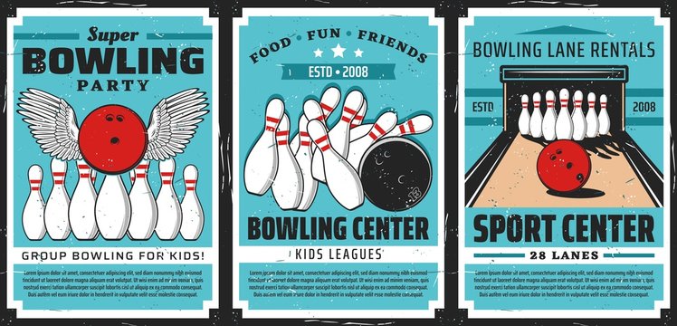 Bowling alley with balls and pins, vector posters. Bowling sport center lanes with skittles strike and winged ball. Retro posters of sporting competition and leisure activity