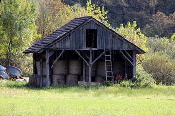 Front view of vintage retro rustic old dilapidated wooden barn made from wooden boards with open area filled with hay bales for storage over winter surrounded with uncut grass and dense trees in backg
