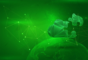 Object over a polygonal planet, on a green background. global data calculation