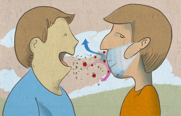 Coronavirus in China. Illustration of two people talking by protecting themselves from the coronavirus with the mask