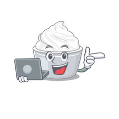 Cool character of sour cream working with laptop