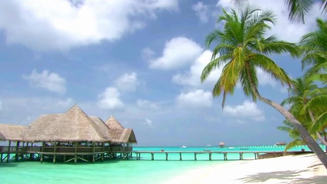Amazing steady shot of luxury resort bungalow hotel apartment in turquoise clear ocean tropical paradise Maldives island