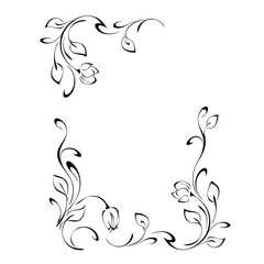 frame 27. decorative frame with stylized flower buds on stems with leaves and vignettes in black lines on a white background