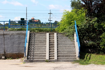 Old concrete dilapidated public stairs supported with blue handrails surrounded with dense plants...