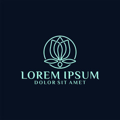 Lotus or protea flower logo template with simplicity line art illustration in flat design monogram symbol