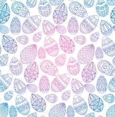 Seamless texture with festive doodle eggs with boho pattern and color gradient. Vector pattern for wallpaper, textile, backdrop and your design