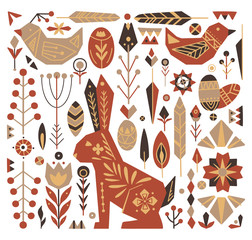 Festive Easter set with tribal ornaments. Geometric hare, egg, flower and various decorative elements separately background. Vector objects for postcards, stickers, scrapbooking and your creativity.