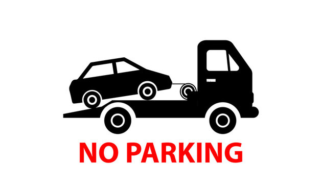 Evacuator tow away car on road with traffic signs. No parking warning sign.Vector illustration.