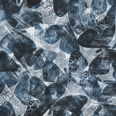 Seamless abstract grunge pattern with butterflies . Gray, blue background.