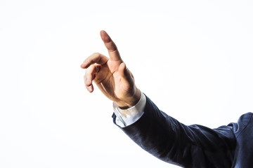 Businessman hand touching abstract tranparent screen, isolated on white background. Business and technology concept. Close up