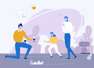 Happy Parents Walking with Little Daughter on Playground. Two Fathers and Child. Man Giving Ice Cream to Girl and Boyfriend. Gay Family with Kid in Park. Vector Cartoon Flat Illustration