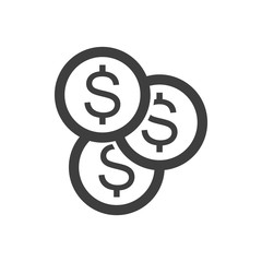 Icon three coins. Minimalistic linear execution of falling coins. Isolated vector on a white background.