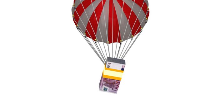 A pack of EURO banknotes is dropping by parachute. A pack of European currency flying on a parachute. Footage video