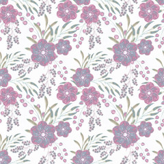 Seamless floral retro pattern. Blue, pink flowers on a white background.