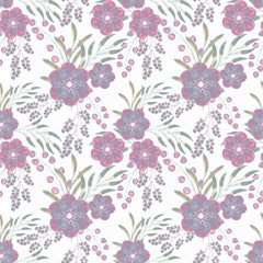 Seamless floral retro pattern. Blue, pink flowers on a white background.