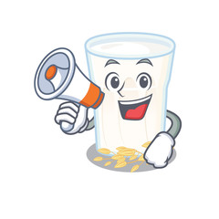 A mascot of oats milk speaking on a megaphone