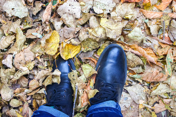 A person wearing leather shoes walking over dead autumn foilage leaves